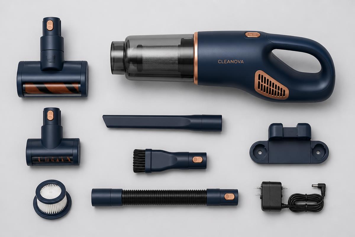 Portable Handheld Vacuum™ with crevice tool, brush head, hose and charger laid out