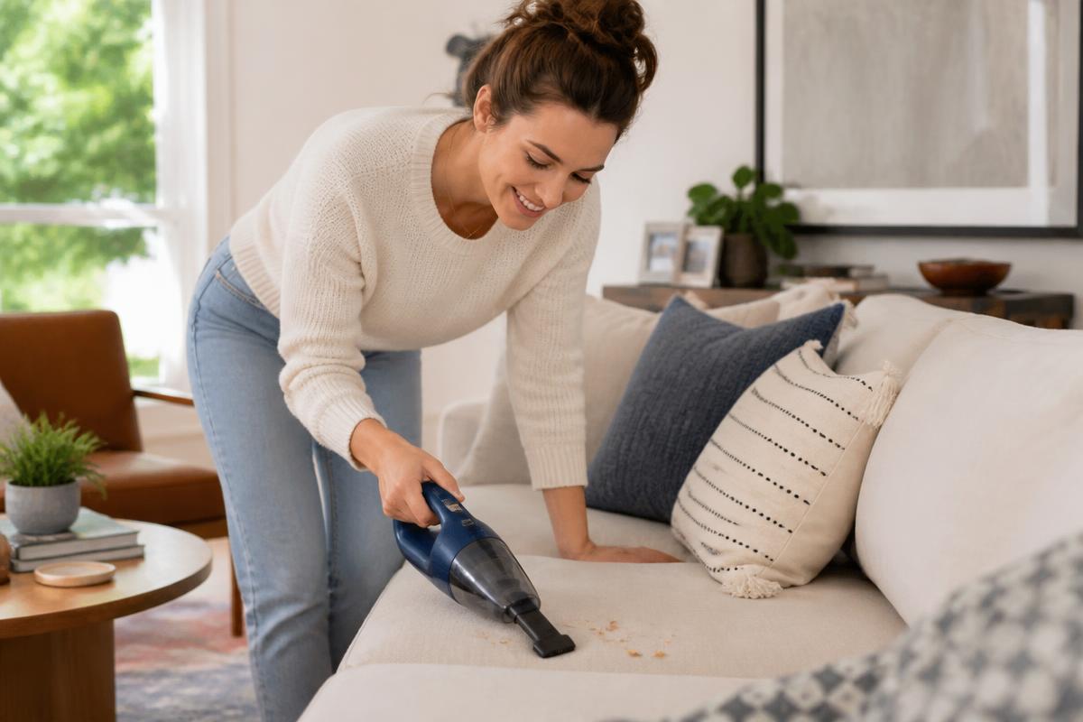 Woman using the Portable Handheld Vacuum™ on a sofa in a bright living room